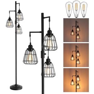 9MMML 68 Living Room Floor Lamp, Industrial Farmhouse 3 Teardrop Cage Standing Lamp,Black Tall Floor Lamp for Bedroom Office, 3 LED Edison Bulbs Included