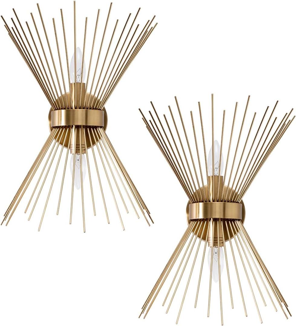 VILUXY Mid-Century Wall Sconces Antique Brass Brush Paint Finish Bedside Wall Sconce Lighting Fixture with Starburst Shade for Bedroom, Hallway, Entryway, Passway, Bathroom, Vanity 2 Pack (Hardwire)