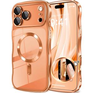 GVIEWIN for iPhone 17 Pro Case [Compatible with MagSafe][Upgraded Full Camera Protection][Cute Wave Frame] Glossy Slim Shockproof Protective Magnetic Phone Case for iPhone 17 Pro 6.3", Clear/Orange