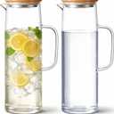 Hsei 2 Sets Glass Pitcher with Lid, 50 oz / 1500 ml Water Carafe with Handles Hot Cold Beverage Water Jar Glass Jug for Tea Juice Milk Coffee Iced Beverage