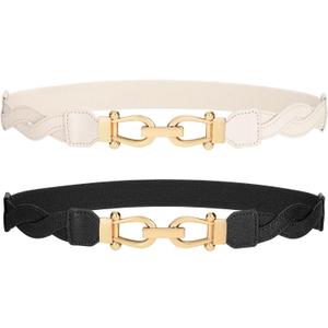 SANSTHS 2 Pack Thin Elastic Belt for Women, Stretch Belt Women for Dresses Jeans Coats with Gold Buckle (Fit waist from 36"-40", C-black+beige)