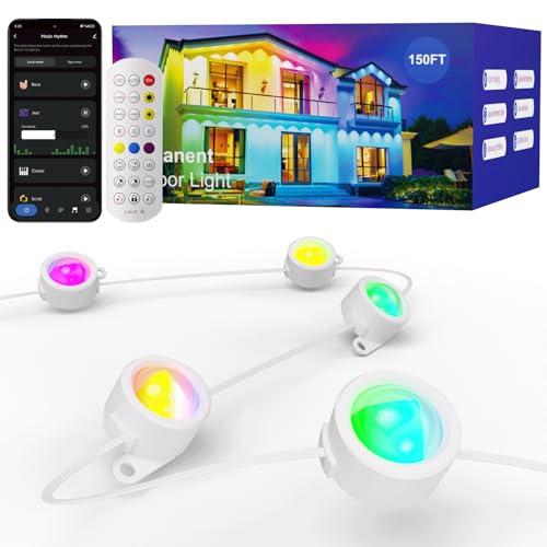 HUTAKUZE Permanent Outdoor Lights, 150FT with 90 RGB LEDs for Outdoor Decor, IP67 Waterproof, 48 Scene Modes Christmas House Lights,APP & Remote Control, Music Sync