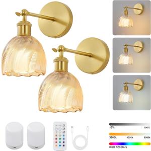 Vintage Battery Powered Cordless Wall Sconce Set of 2, Battery Wall Sconce with Amber Tulip Glass Lampshade, Rechargeable Battery Powered Wall Lights with Remote Control for Bedside Bedroom Doorway