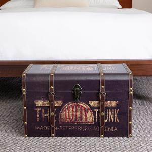 Household Essentials Large Decorative Trunk, Vintage Decoupage, Metal Accents with Leather Strapping, Strong MDF Frame, Clasps Shut, Brown