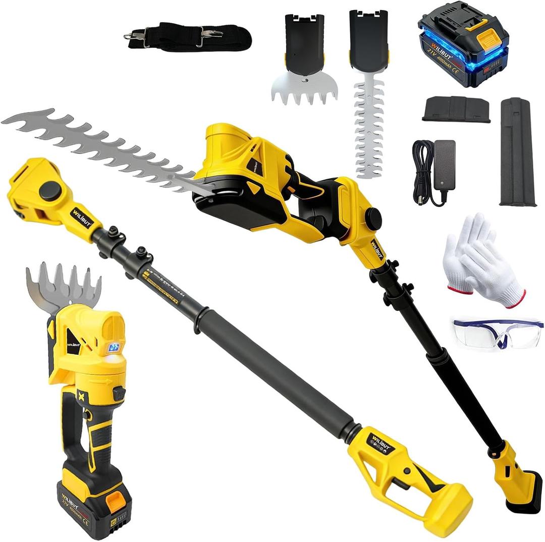 4-in-1 Pole Hedge Trimmer & Grass Shear, 16FT Reach, Electric Bush Trimmer with Extension Pole, Cordless Shrub Trimmer with 180 Adjustable Angle, Brushless Motor, LCD Display, 4.0Ah Battery