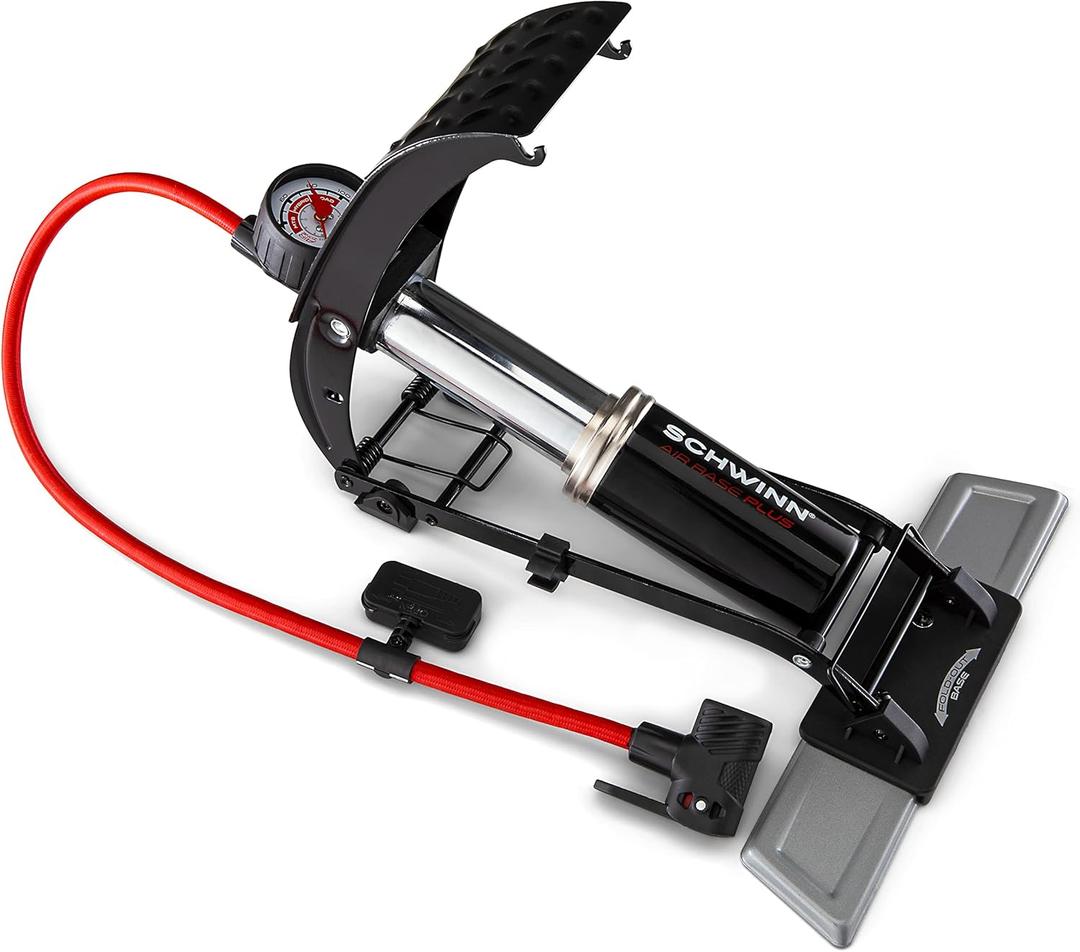 Schwinn Air Base Plus Foot Pump, Air Zone Pressure Gauge, High Pressure Foot Pump, Dual Head Nozzle Fits Both Schrader and Presta Valves, Max of 120 PSI, Black