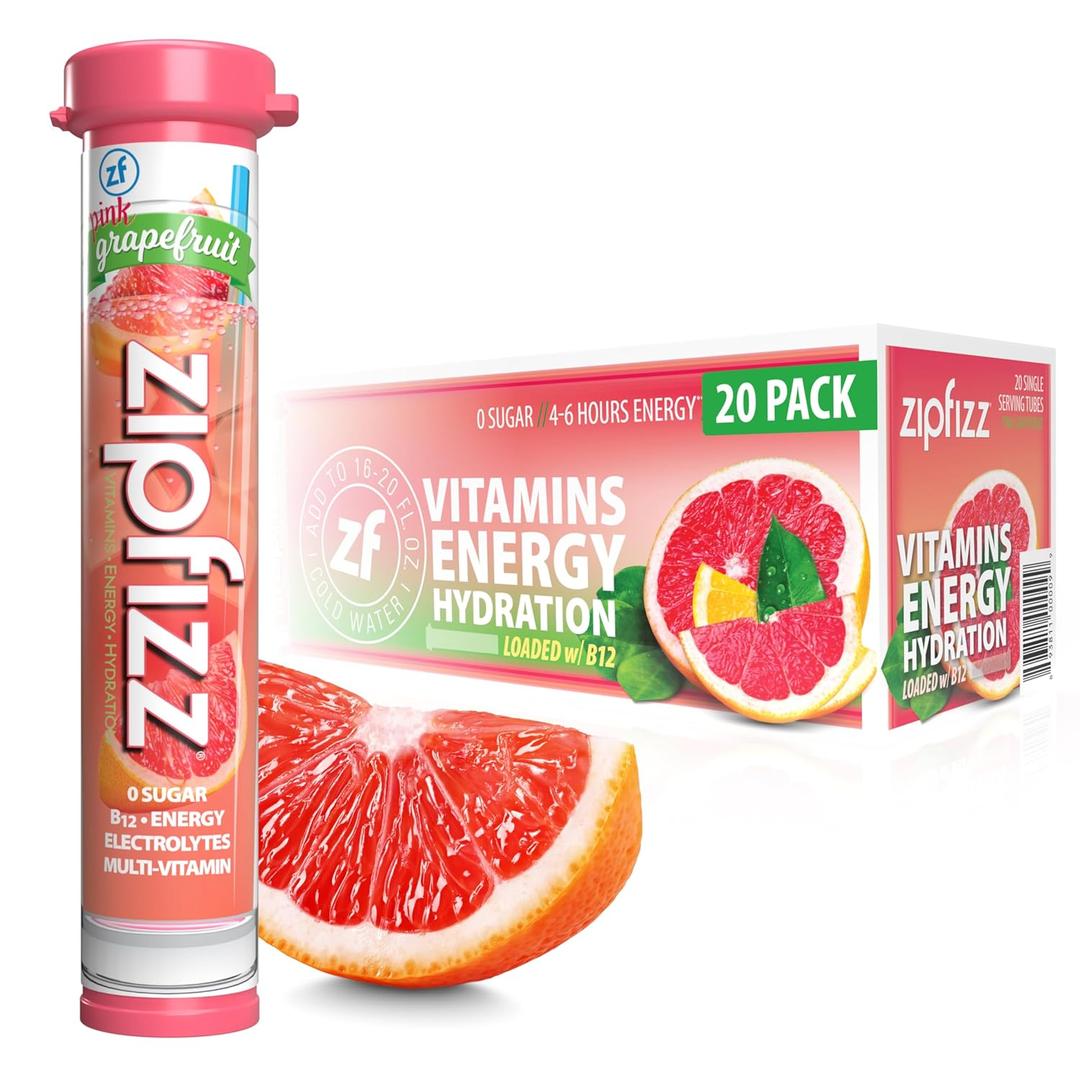 Zipfizz Daily Energy Drink Powder, Pink Grapefruit, 20 Pack | 3-in-1 Sustained Energy, Rapid Hydration, and Essential Vitamins | Sugar-Free | Electrolyte Powder | Contains Vitamin B-12 & Antioxidants (EXP 12/01/26)