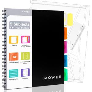 Spiral Notebook - 5 Subject Notebook, College Ruled Notebook 3-Hole Punched With Dividers, Storage Pockets, 11" Ruler, 200 Pages, for Writing Journal, Home &Office, School SuppliesBlack
