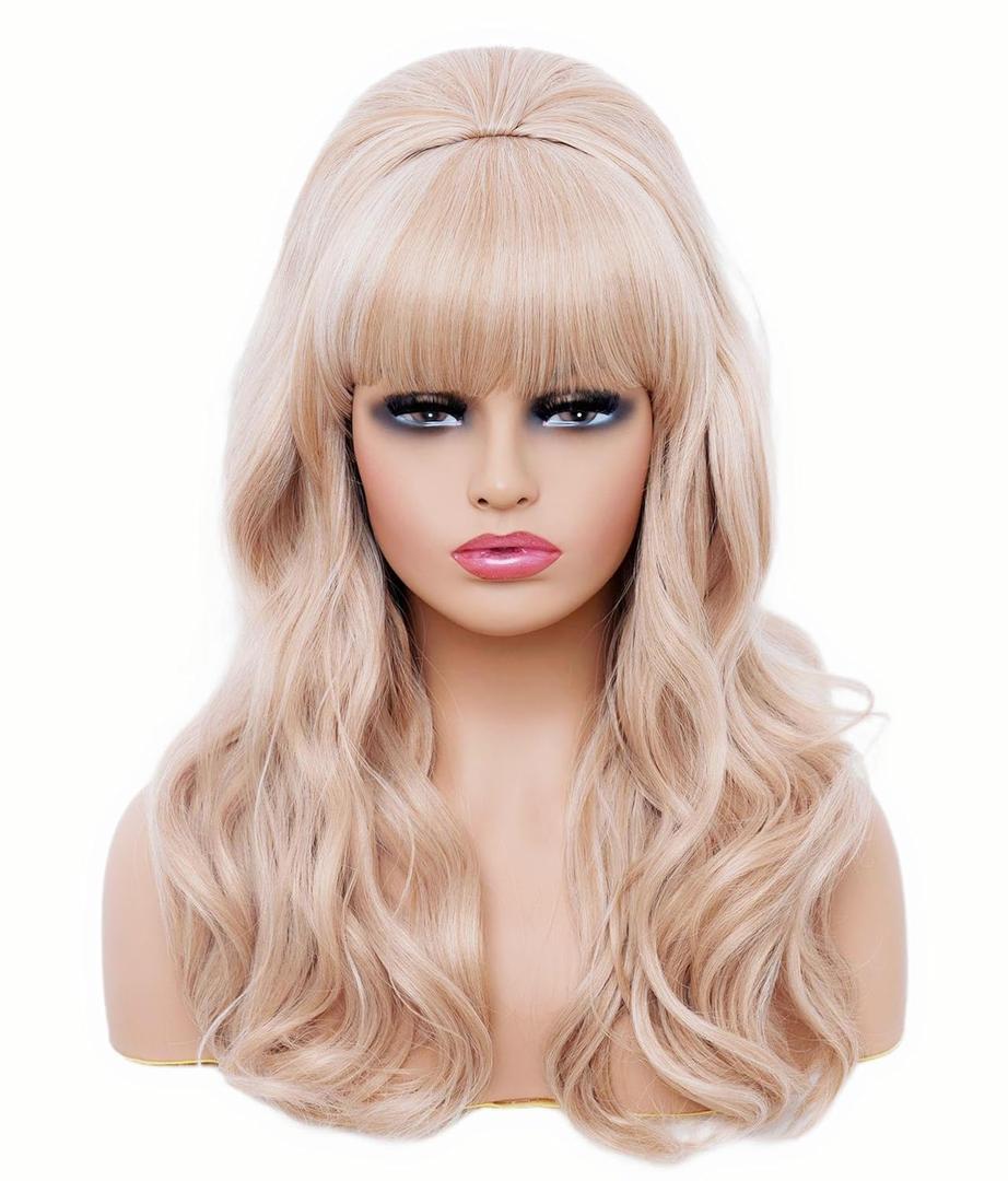 Rugelyss Long Strawberry Blonde Mixed Wig with Bang Retro Bouffant Beehive Wigs fits 80s Costume or Halloween Party
