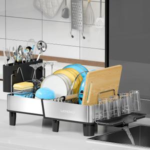Dish Drying Rack, 304 Stainless Steel Exendable Dish Rack with Adjustable Drain Spout, Large Capacity Dish Drainer with Utensil Holder, Cup Holder and Cutting Board Rack for Kitchen Counter, Black