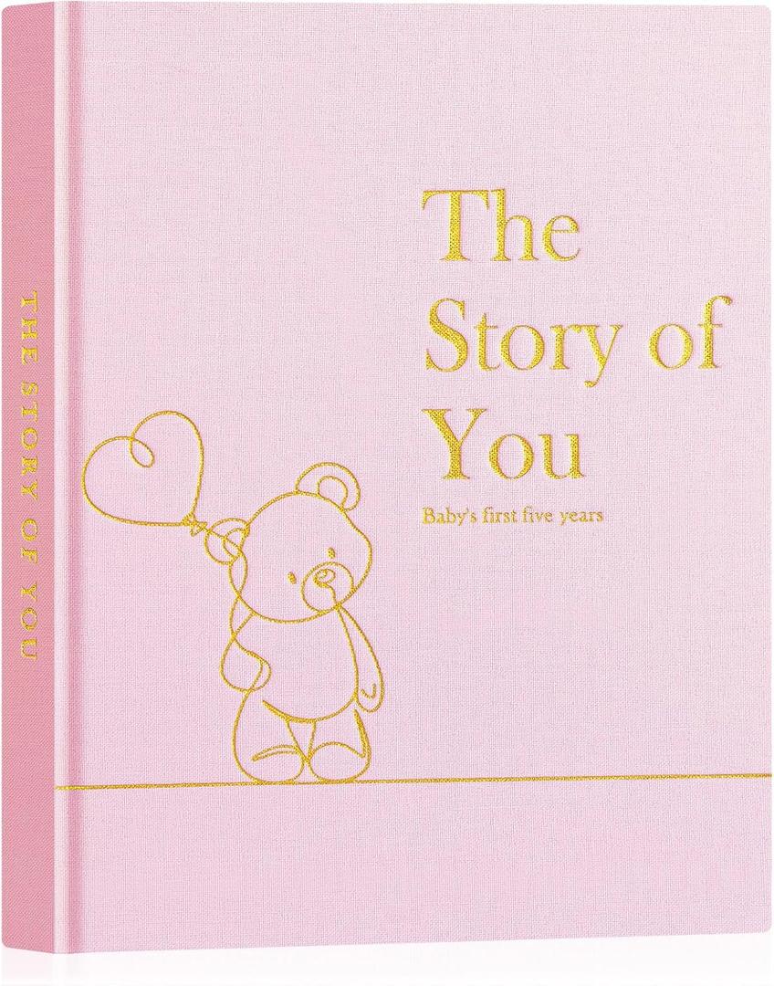 Lanpn Baby Memory Book for Boy Girl - The Story of You, Newborn Babys Keepsake Book Photo Album for New Parents, Linen Cover Baby First 5 Year Milestone Journal Scrapbook (Pink, 154 Pages)