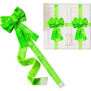 Christmas Cabinet Bows, Green Furry Ribbons, Holiday Door Decorations, Xmas Party Supplies (4, Green Fur)