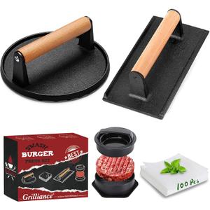 Grilliance Smash Burger Press Kit, 3 in 1 Hamburger Press Patty Maker, Black Cast Iron Burger Press Round & Rectangle, 100pcs Wax Paper for Grill, Griddle, Flat top, Kitchen, Cooking