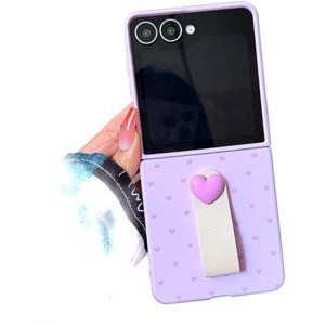 Cute Case for Galaxy Z Flip 7 Small Love Heart Print, Trendy Lovely Girls Protective Cover Kawaii PU Holder, Woman Hard PC Aesthetic Case for Z Flip 7 -Purple