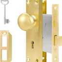 Vintage Door Knob with Lock for Interior Doors Polished Gold, Antique Brass 1 Pack Mortise Lock Set, Old Fashioned Bathroom & Bedroom with Skeleton Key for Old House Doors