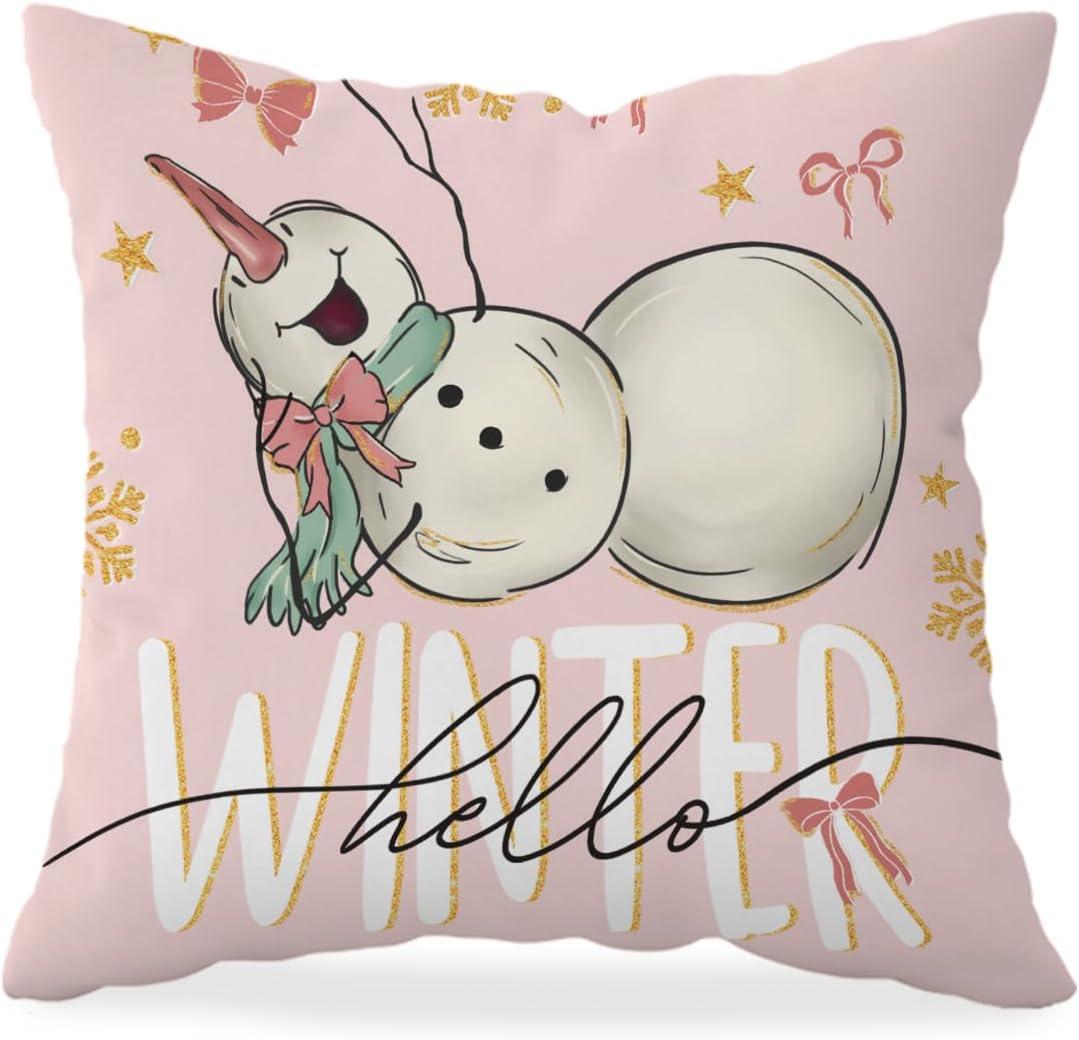 HONLUNG Winter Snowman Throw Pillow Covers 18x18,Pink Christmas Decorative Pillows Cover,Hello Winter Pillow Cover Decor for Home Sofa Bedroom