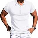 Collared Muscle Polo Shirts Men Slim Fit Textured Knit Polo Shirts Short Sleeve Button Down Shirts Casual Stylish (White, Medium)