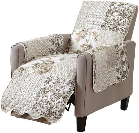 Great Bay Home Reversible Patchwork Recliner Chair Cover - Washable Slipcover Furniture Protector with Elastic Straps - Couch Cover for Dogs, Kids, and Pets - Box-Stitched Detail (Recliner, Taupe)