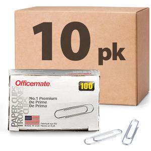 Officemate Premium #1 Paper Clips, 1,000 Paper Clips (10 Boxes of 100 Each) (99916) , Silver, No. 1 - 10 Pack (1,000 Clips)