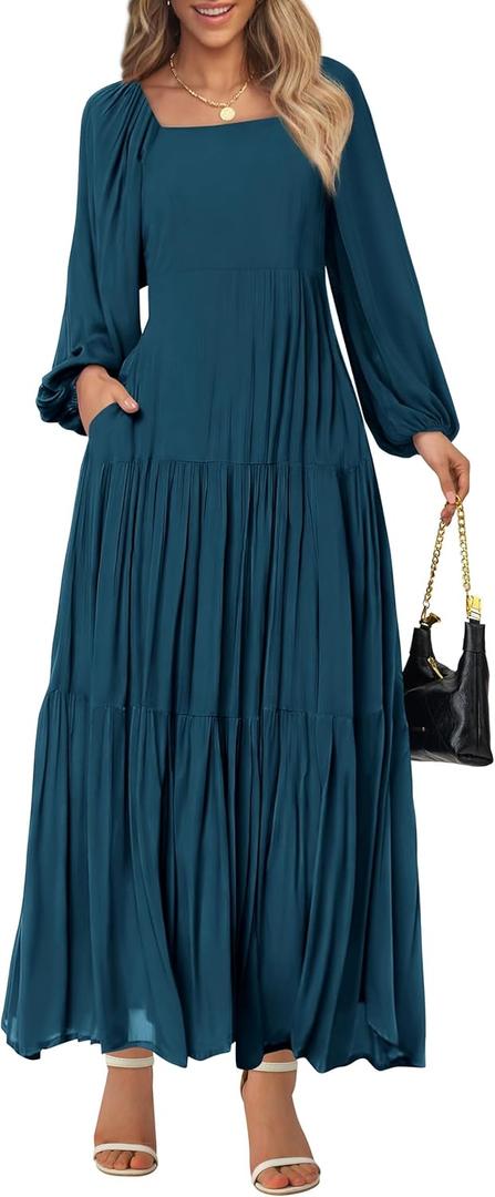 BTFBM Women Formal Dress Spring Square Neck Puff Long Sleeve Smocked Tiered Flowy Wedding Guest Maxi Dresses Pockets (Dark Blue, XXL)