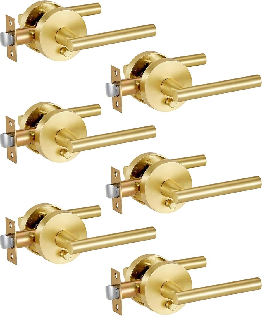 Lethato 6 Packs Gold Interior Door Handle, Brushed Gold Door Handles Interior, Heavy Duty Interior Bedroom Lever Door Handle for Bathroom