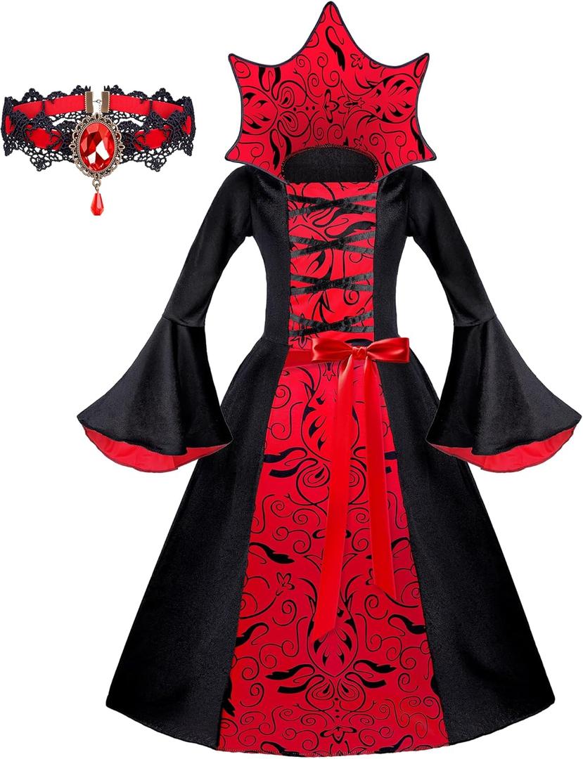 Halloween Vampire Costume for Girls, Royal Costume Set Halloween Dress Up for Girls, Vampire-Themed Party Dress Up Clothes, Cosplay Dress Ages 8-10