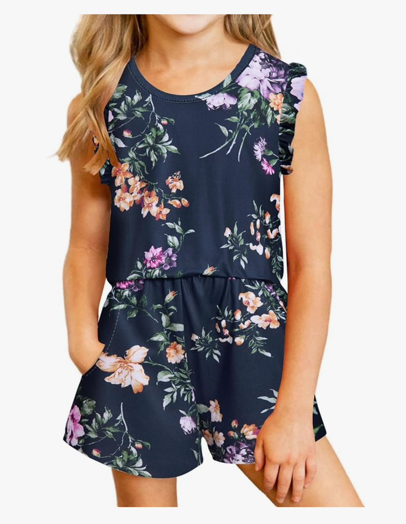 Girls Jumpsuits Rompers Ruffle Sleeve Romper Shorts with Pockets Summer One Piece Playsuit Outfits for Girl 6-13 Years