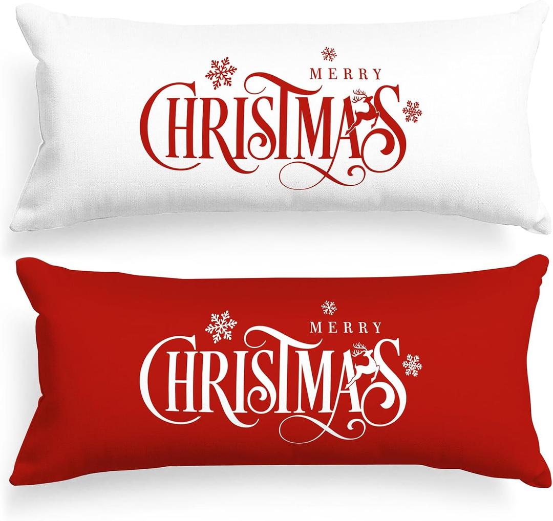 Lanpn Christmas Body Pillowcase 20x54 Set of 2, Red Merry Christmas Decorative Pillow Cases 20 x 54 Extra Large Long Oversized Lumbar Bed Body Pillow Covers Holiday Xmas Bodypillow 21x54 2 Pack