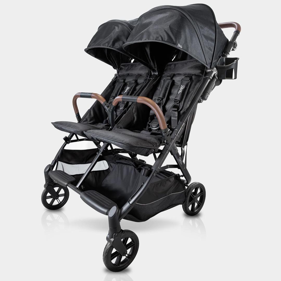 Strolee Lightweight Double Side by Side Stroller - 22 Lbs, 9.5" Compact Fold, Twin Nap Ready Seating, No Rethread Harness, Magnetic Buckle & Ultra Plush Seat 60Lb Max Per Seat- (v2 Black)