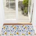 Runner Rug, Abstract Flower Blue Yellow Kitchen Rugs Non-Slip Washable Doormat Low Profile Hallway Runner for Bathroom Entryway Indoor Outdoor 18x47 Inch Spring Summer Leaf White