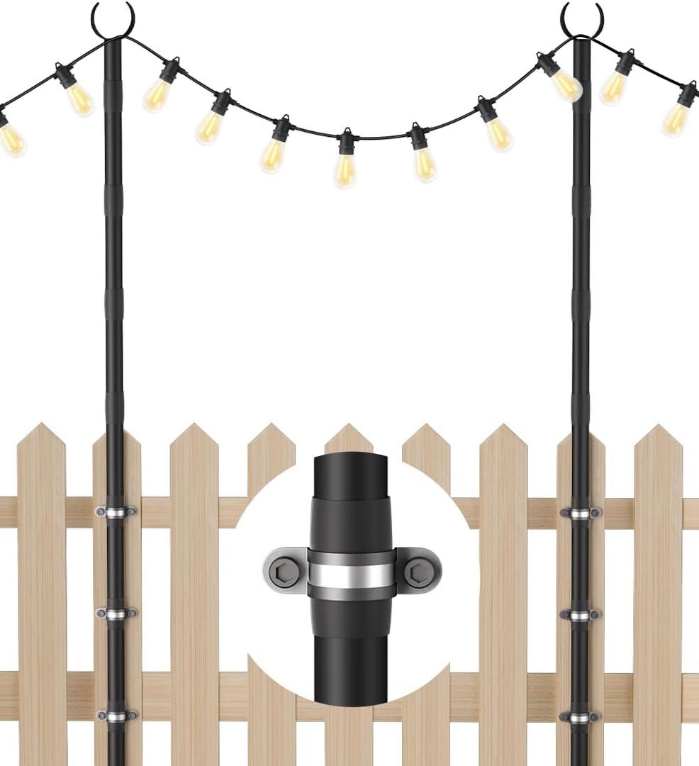 10Ft String Light Poles for Fence & Deck Railing, Outdoor Light Stand with Fence Brackets, Heavy-Duty Metal Poles for Backyard, Garden & Patio Party Lighting, Rustproof & Adjustable