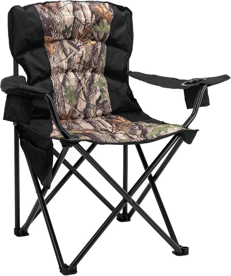 Oversized Camping Chair Folding Heavy Duty Quad Outdoor Large Lawn Chairs Portable Support 400 lbs Padded Thicken Oxford with Armrests, Storage Bag, Cup Holder, Carry Bag for Outside(Camo) (X-Large)