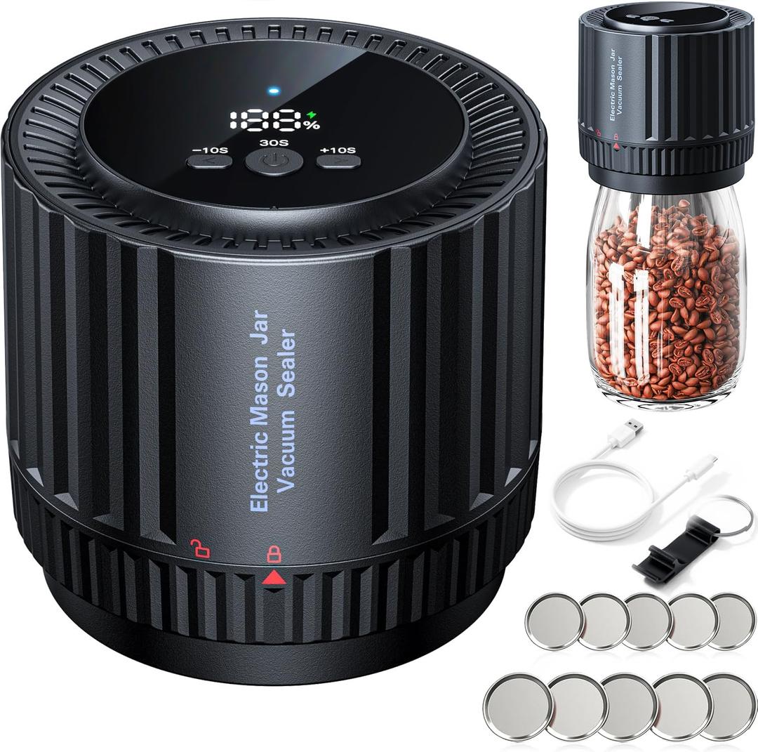Mason Jar Vacuum Sealer, Electric Mason Jar Sealer Kit with 10 Lids, Compatible with Regular and Wide Mouth Mason Jars