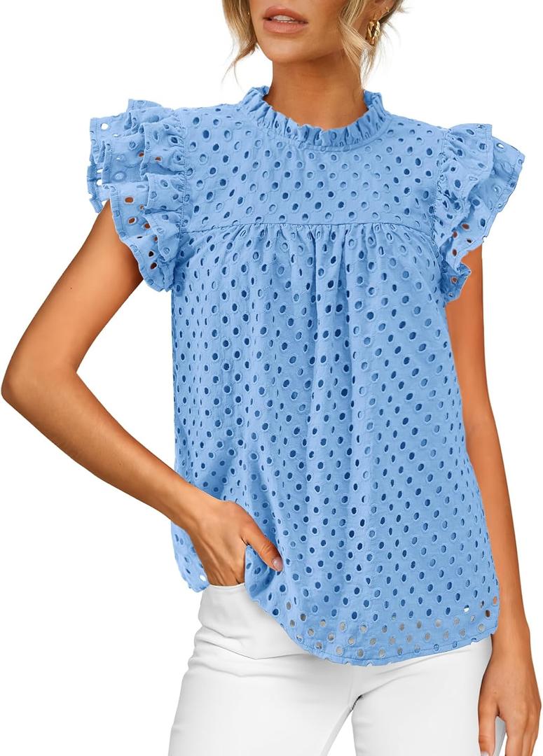 BTFBM Casual Summer Tops for Women 2026 Short Ruffle Sleeves Shirts Crew Neck Hollow Out Lace Embroidered Blouses, Light Blue, Small