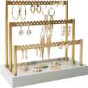 SANY DAYO HOME 3-Tier Earring Holder Organizer Stand, 105 Holes Gold Metal Earring Rack Jewelry Display Tree with Gray Wood Tray for Women and Girls