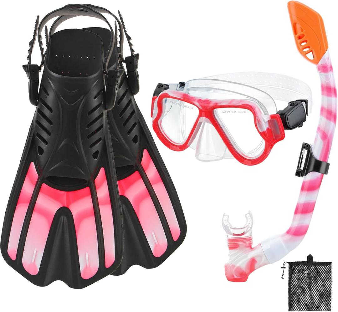 Snorkeling Gear for Kids Ages 3-14, 4 in 1 Mask Fins Snorkel Set with Panoramic View Anti Fog Mask, Dry Top Snorkel, Trek Fins and Travel Bag, Kids Snorkel Set for Snorkeling Swimming (Pink & Pink)