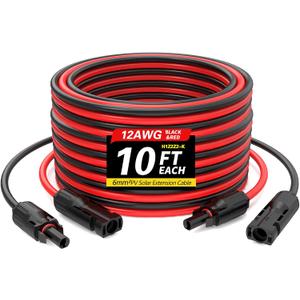 12AWG Solar Extension Cable (10FT Black & 10Ft Red) with Male to Female Solar Connectors Pure Copper Extension Cord, 10 Feet Solar Cable