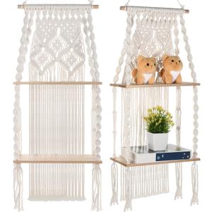 Barydat 2 Pack Macrame Wall Hanging Shelf 2 Tier Handmade Boho Hanging Wall Shelf Floating Woven Rope Decorative Storage Racks Holder Organizer for Home Bedroom Bathroom Plants, Beige (Elegant)