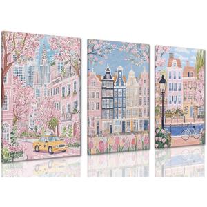 XLARTMY Watercolor City Landscape Travel Wall Art Canvas Framed Pink Cherry Flower Poster Girly Prints Painting Pictures Set of 3 for Bedroom Living Room Office 16x24in