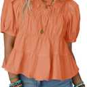 Tankaneo Womens Puff Sleeve Peplum Babydoll Tops Summer Smoked Pleated Cotton T-Shirts Casual Loose Fit Flowy Blouse (Large, Orange)