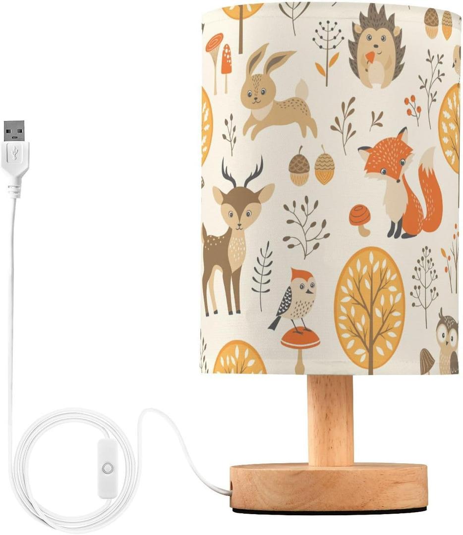 Oarencol Bedside Table Lamp Woodland Animals Nightstand Lamp with Wood Fox Owl Deer Buuny Trees Leaves Desk Lamps for Bedroom Living Room Nursery Office Home Decor (multi 4)