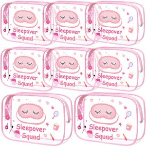 Aliceset 8 Pcs Sleepover Party Supplies Sleepover Squad Makeup Bags Slumber Birthday Party Favors Spa Squad Cosmetic Bag Spa Stuff Waterproof Toiletry Pouches Overnight Decorations(Pink)