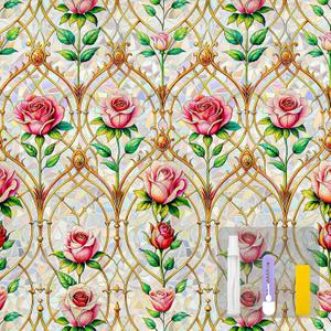 Countewol Rainbow Static Cling Window Film, Stained Glass Privacy Film with Rose Pattern, Anti-Glare UV Protection, Removable Decorative Window Clings for Home/Glass doo (Vintage Rose, 23.6 x78.7 in)
