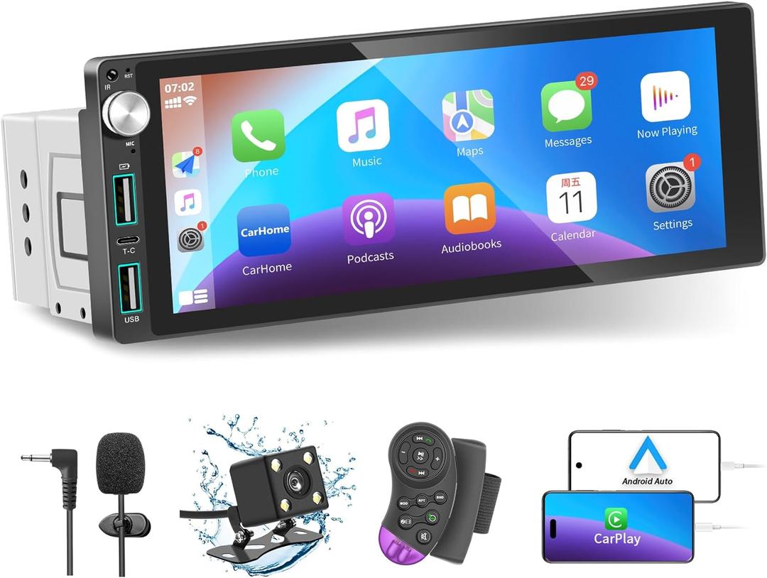 Single Din Car Stereo with Apple Carplay Android Auto,6.9 Inch IPS Touch Screen Car Stereo with Backup Camera, Car Radio Support Mirror Link Bluetooth Handsfree FM AM USB EQ SWC
