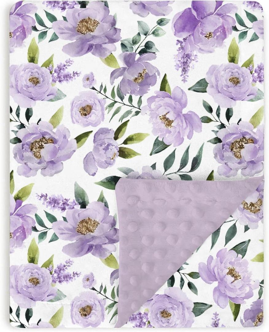 Baby Blankets for Girls 30" x 40" Shower Gift, Soft Double Layer Minky Blanket with Dotted Fleece Back, Nursery Bed Receiving Quilt for Newborn Infant Toddler Purple Peony Floral Theme