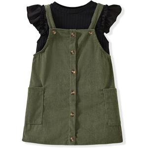 HINTINA 5T Toddler Little Girl 2 Pieces Spring Summer Outfits Ruffle Butterfly Sleeve Tee Shirt Army Green Corduroy Button Down Overall Pinafore Dress Set Fall Clothes Clothing Suit 5-6 Years