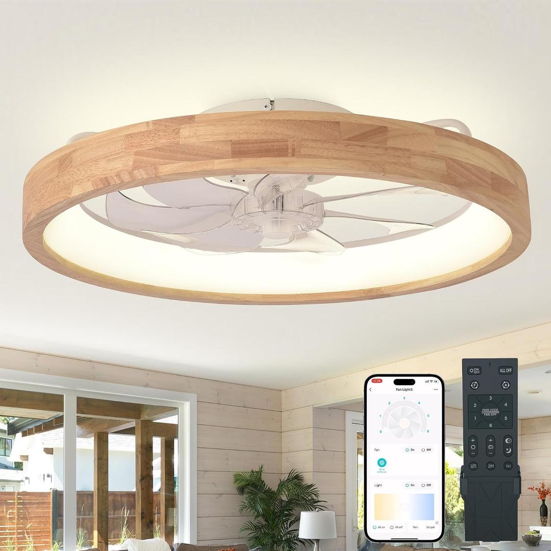 24 Low Profile Ceiling Fan with Light,3 Color Dimmable LED,6 Speeds, Reversible Motor, Wooden Flush Mount Ceiling Fans with Lights and Remote for Bedroom/Kids room/Dining Room