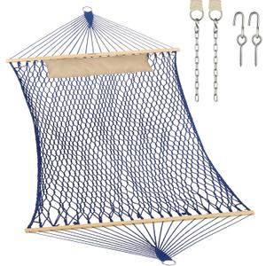 JoyView Traditional Rope Double Hammock - Hand Woven Cotton Hammock with Hardwood Spreader Bar and Pillow 450lb Capacity for Outdoor Indoor Patio Yard - Blue