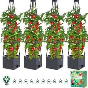 4 Pack Raised Garden Bed Planter Box with Trellis, 57" Self-Watering Tomato Cage Planters for Climbing Plants Vegetable Vine Flowers Outdoor & Indoor (57x9.8x9.8IN)