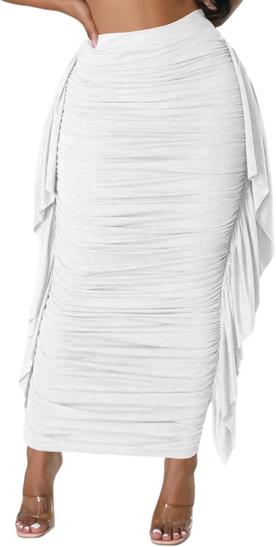 Lrady Women High Waist Ruched Bodycon Side Ruffle Tassles Fringe Pencil Casual Party Maxi Long Skirt, M